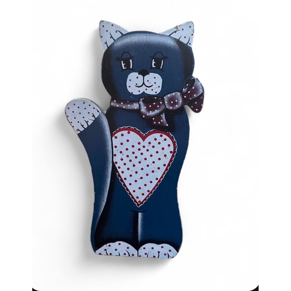 Vintage Hand Painted Wooden Cat Figurine Folk Art Heart Storage Box Blue 8.5"